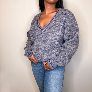 Navy Blue and Cream Deep V-neck Sweater